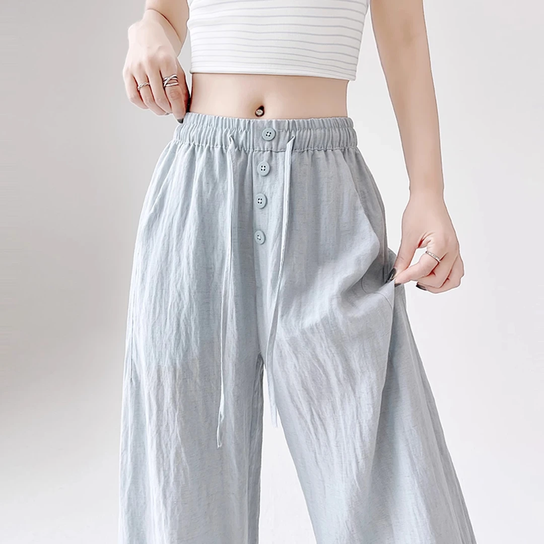 沁思语麻阔腿裤女夏季薄款松紧高腰显瘦休闲百搭垂感拖地亚麻裤子