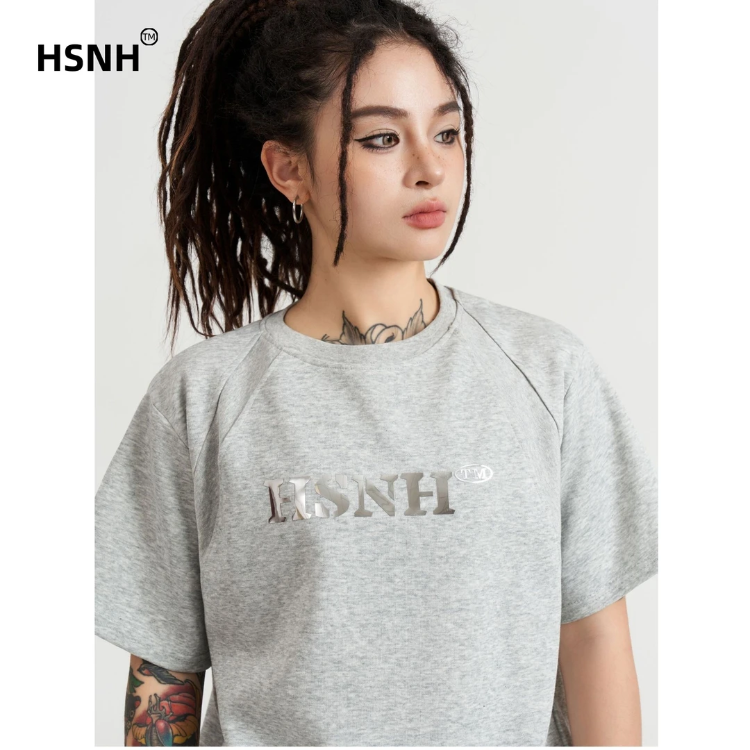 HSNH夏季液态金属印花空气层正肩拼接短袖美式简约风男女同款T恤