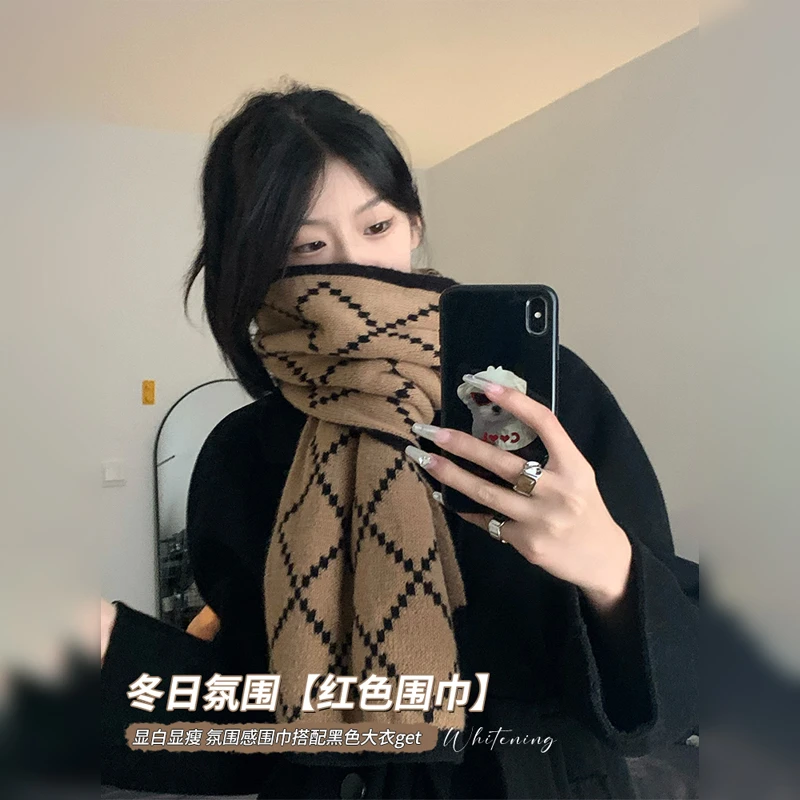 RUDY GOOSE围巾女新款冬季韩系百搭高级保暖披肩毛线针织格子围脖