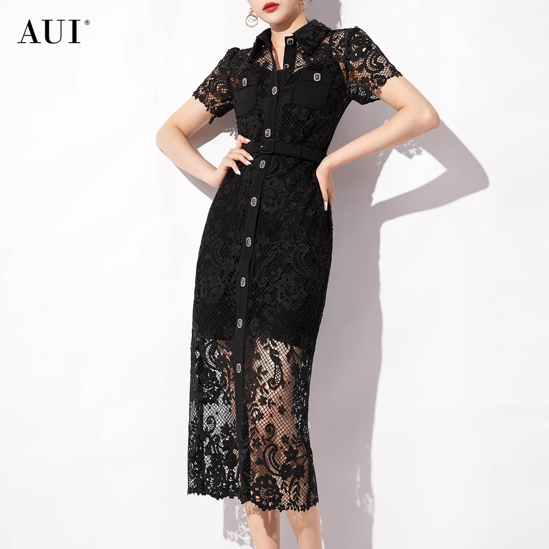 【媛媛女王专享】AUI黑色高端蕾丝连衣裙气质修身显瘦-24X014233