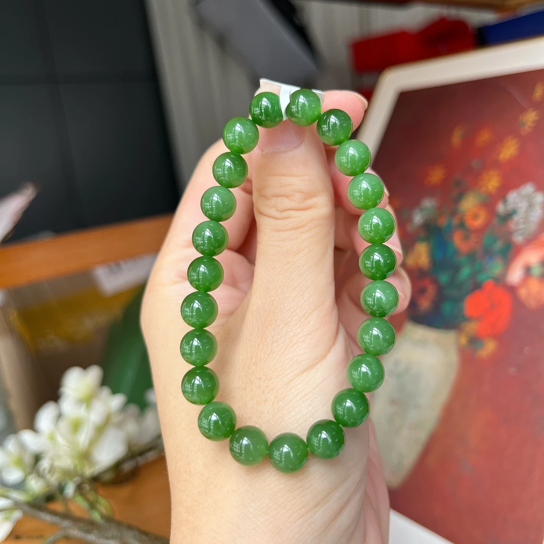 【郭老师】约8mm阳绿猫眼碧玉圆珠单圈手串