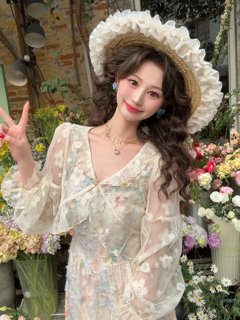 现货【一生罗曼】别致花朵刺绣蕾丝外搭防晒开衫洋气衣服女Y5098