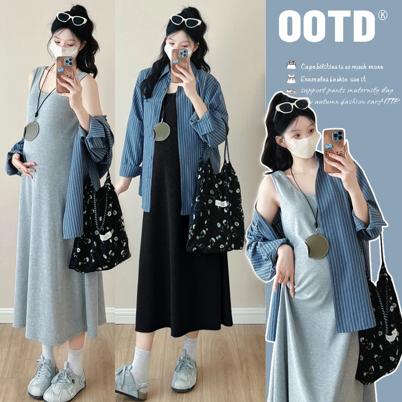 孕妇装2025春装新款时尚套装韩版宽松背心裙条纹衬衫两件套连衣裙