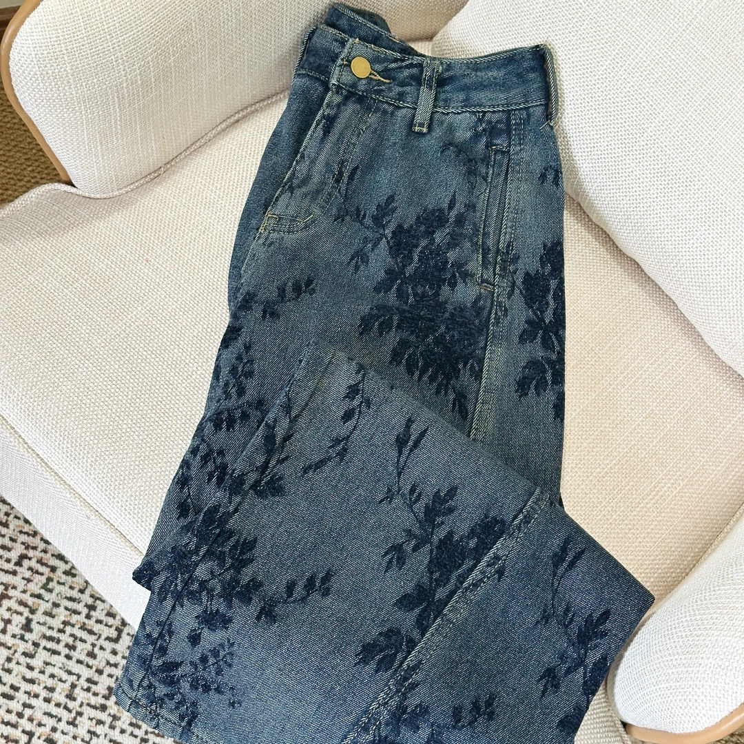 UNUS稚壹高腰中式提花牛仔裤女国风直筒裤复古休闲裤阔腿裤子宽松