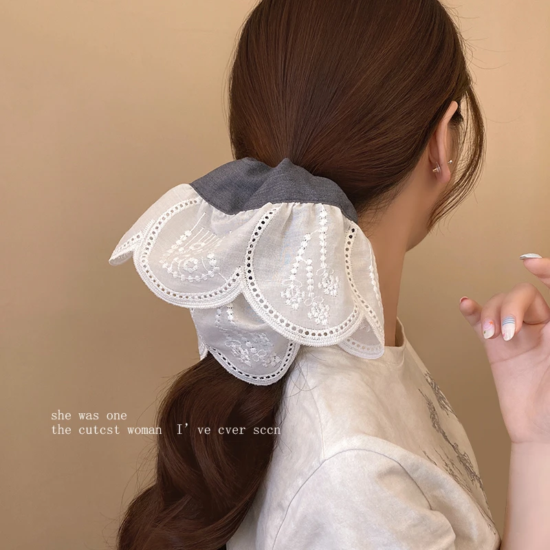 超大宽边巨显脸小拼接刺绣花朵肥肠圈韩国学院风灰色镂空发绳皮筋