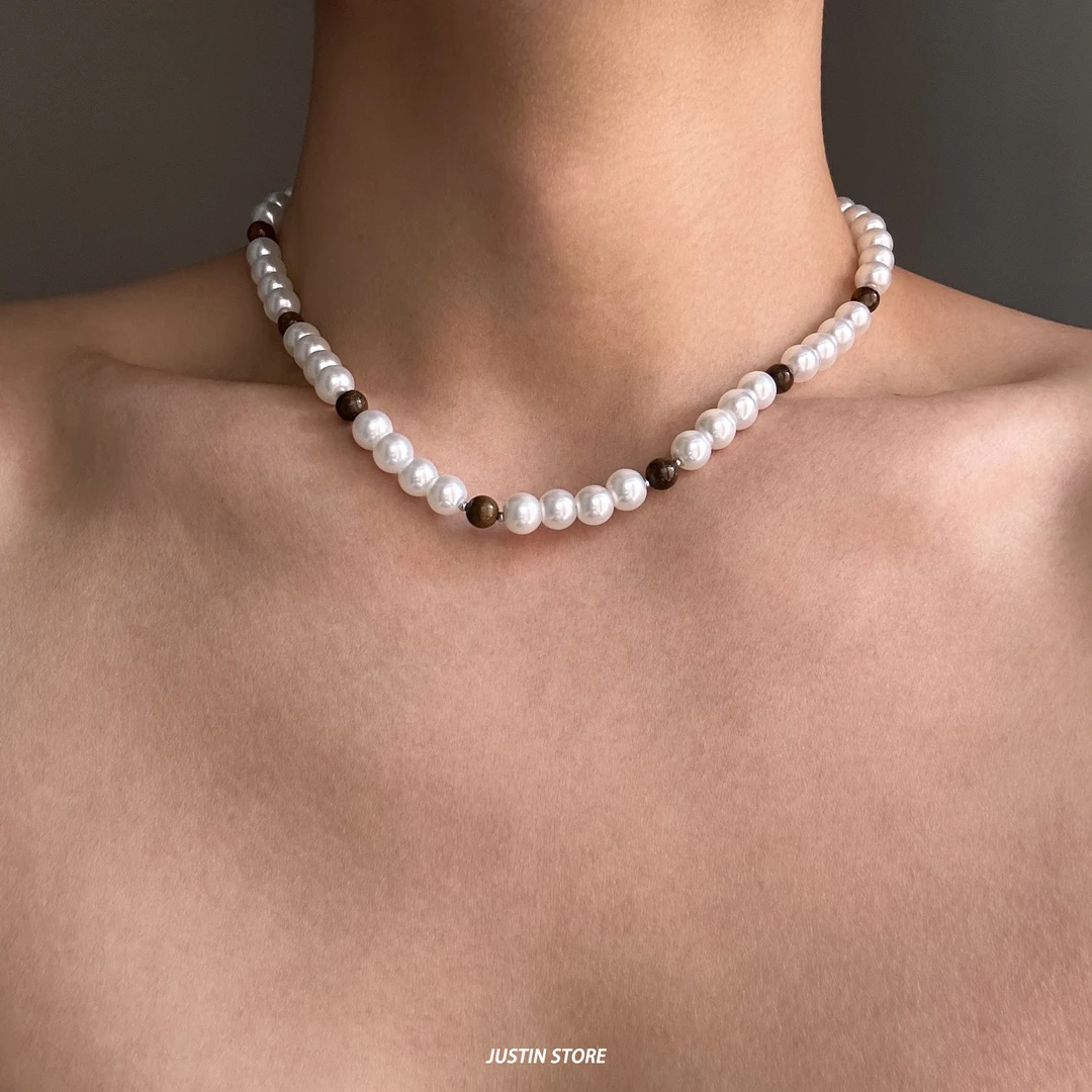 钛钢玻璃项链 棕色虎眼串珠项链男小众设计嘻哈潮流百搭锁骨链