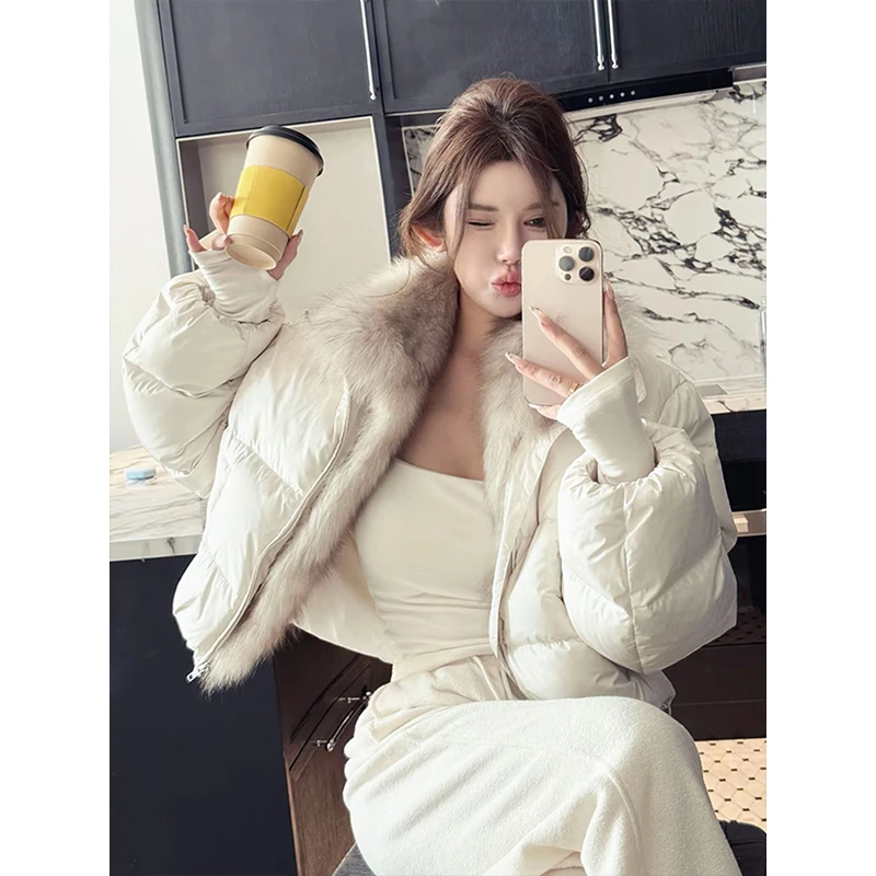 韩系白色软糯毛领拼接棉服外套女冬季爆款宽松百搭加厚保暖面包服