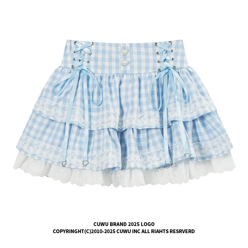 cuwu美式复古格纹蕾丝绑带半身裙女秋季高腰显瘦短裙蛋糕蓬蓬裙子