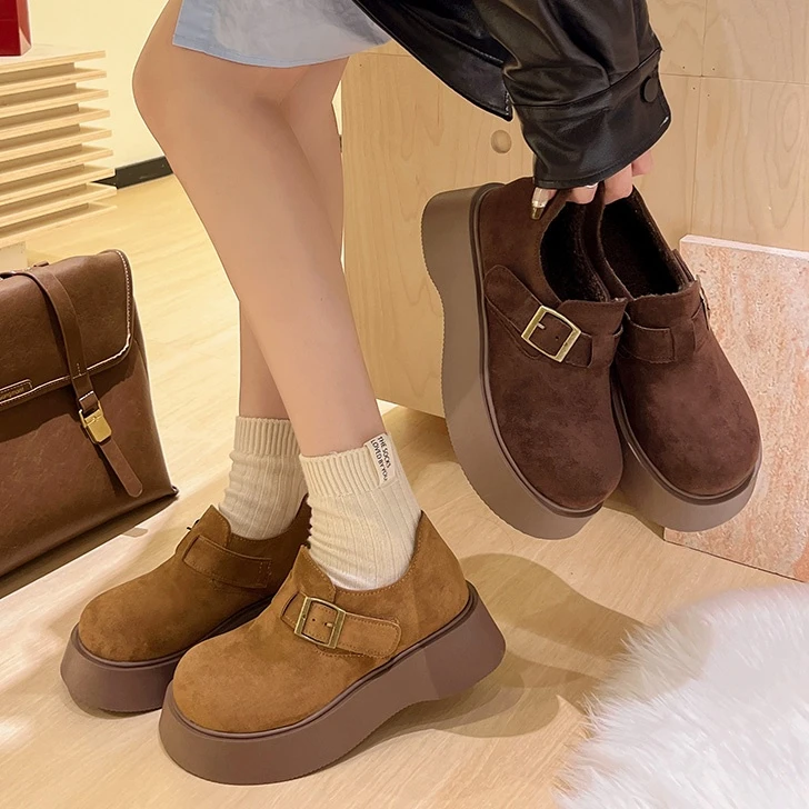 5cm厚底增高小个子加绒加厚乐福鞋2024冬季新款东北棉鞋勃肯鞋
