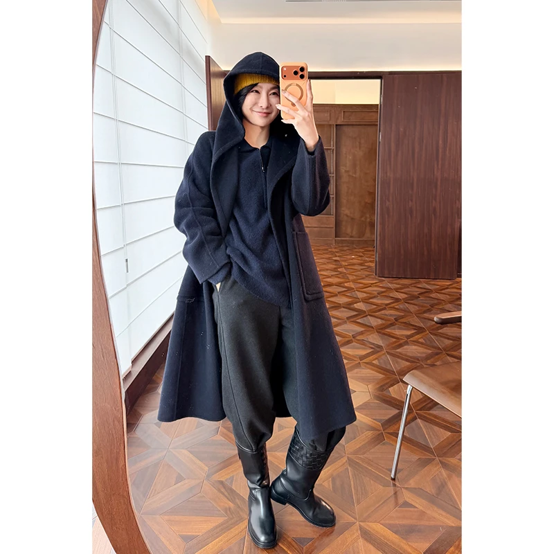 HERLAND她地老钱风英伦毛呢外套秋冬长袖落肩袖中长款连帽女外套