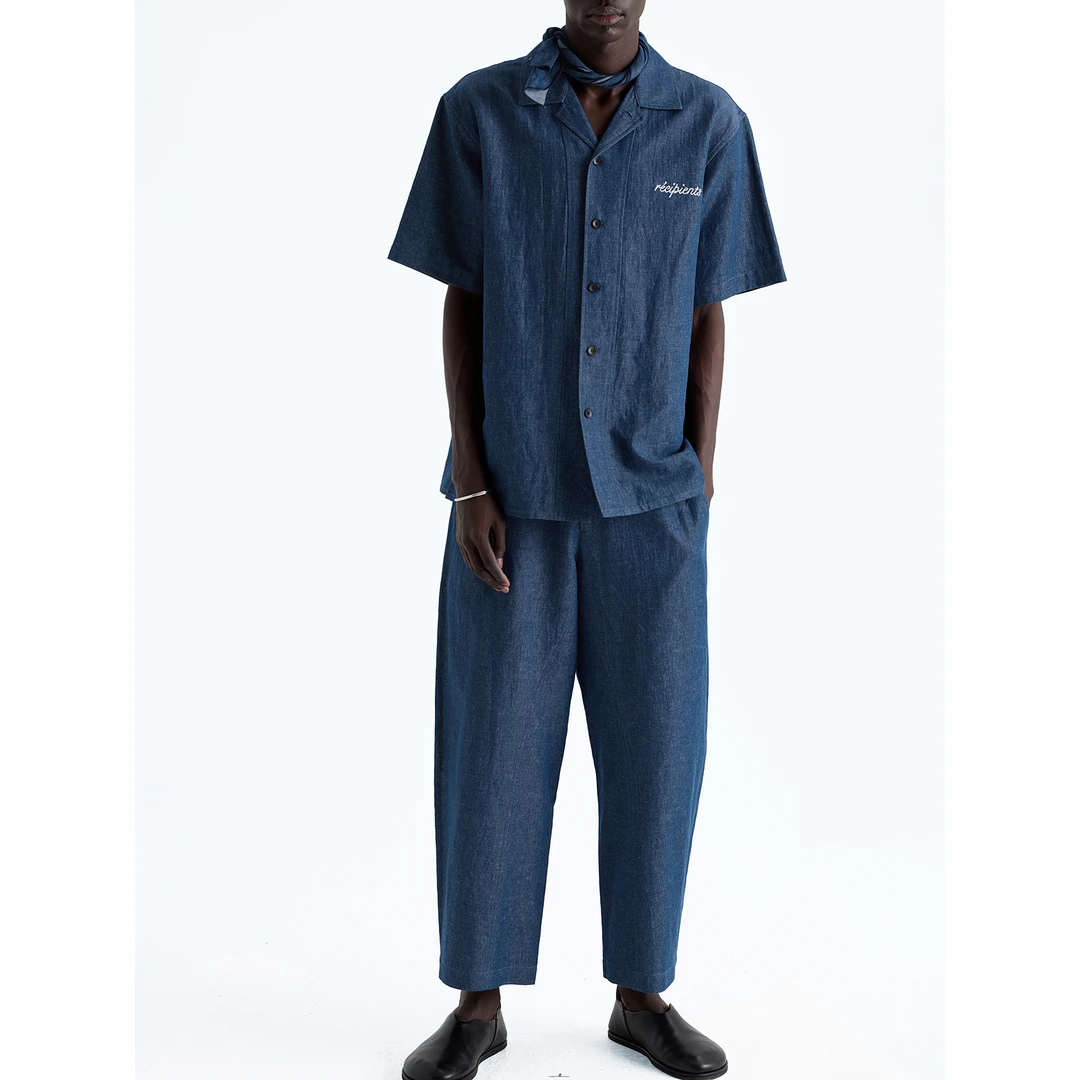 NANS STUDIO汉麻天然棉混纺牛仔染色字母刺绣经典古巴领短袖衬衫