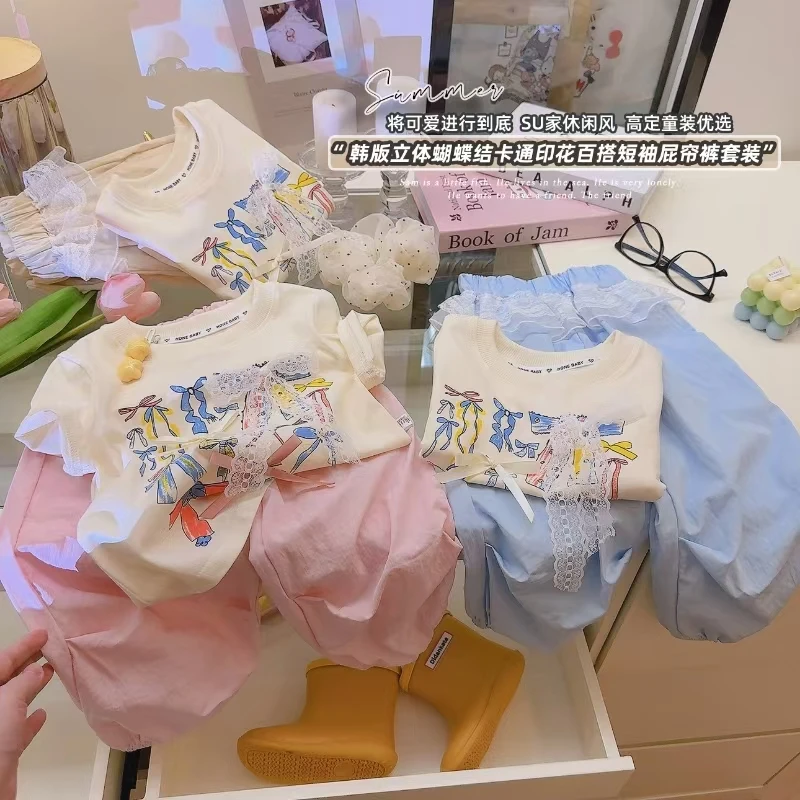 【亲子装】女宝休闲套装韩版立体蝴蝶结纯棉印花短袖T恤+蕾丝防蚊裤