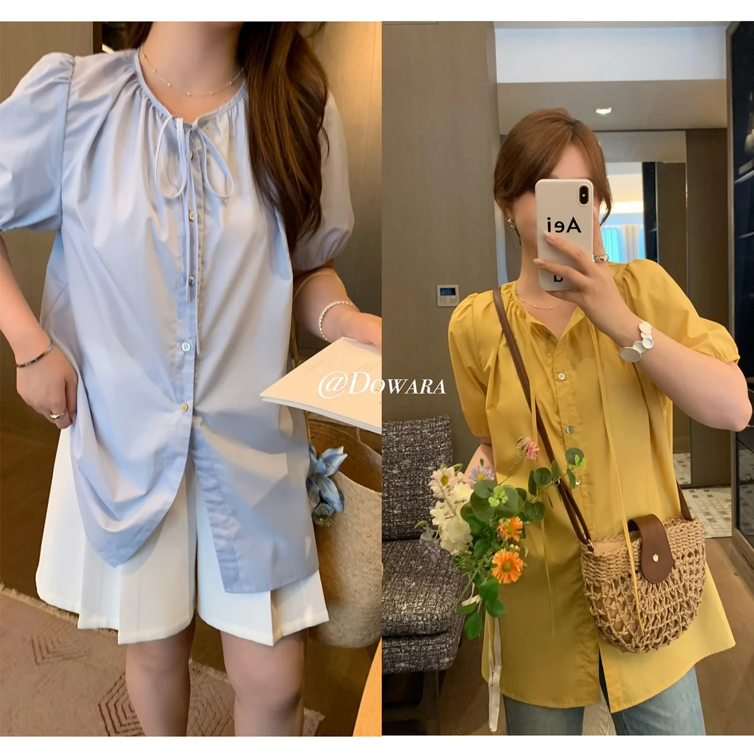 现货大婉酱微胖定制【晴朗天空】韩系慵懒衬衫夏宽松甜美上衣 8572D