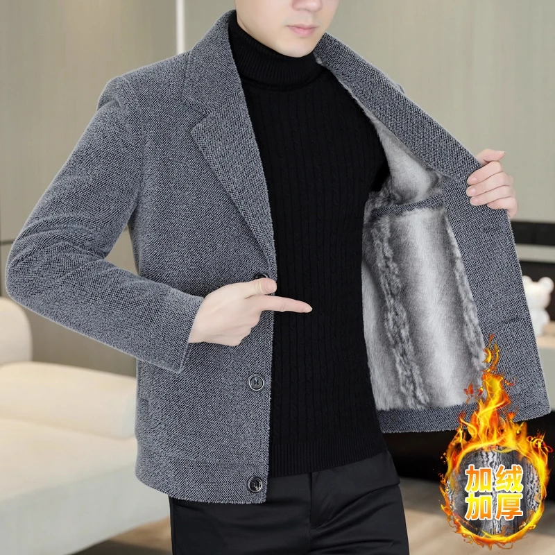 男士西装外套男款秋冬季加绒加厚保暖呢子西服商务休闲毛呢上衣服