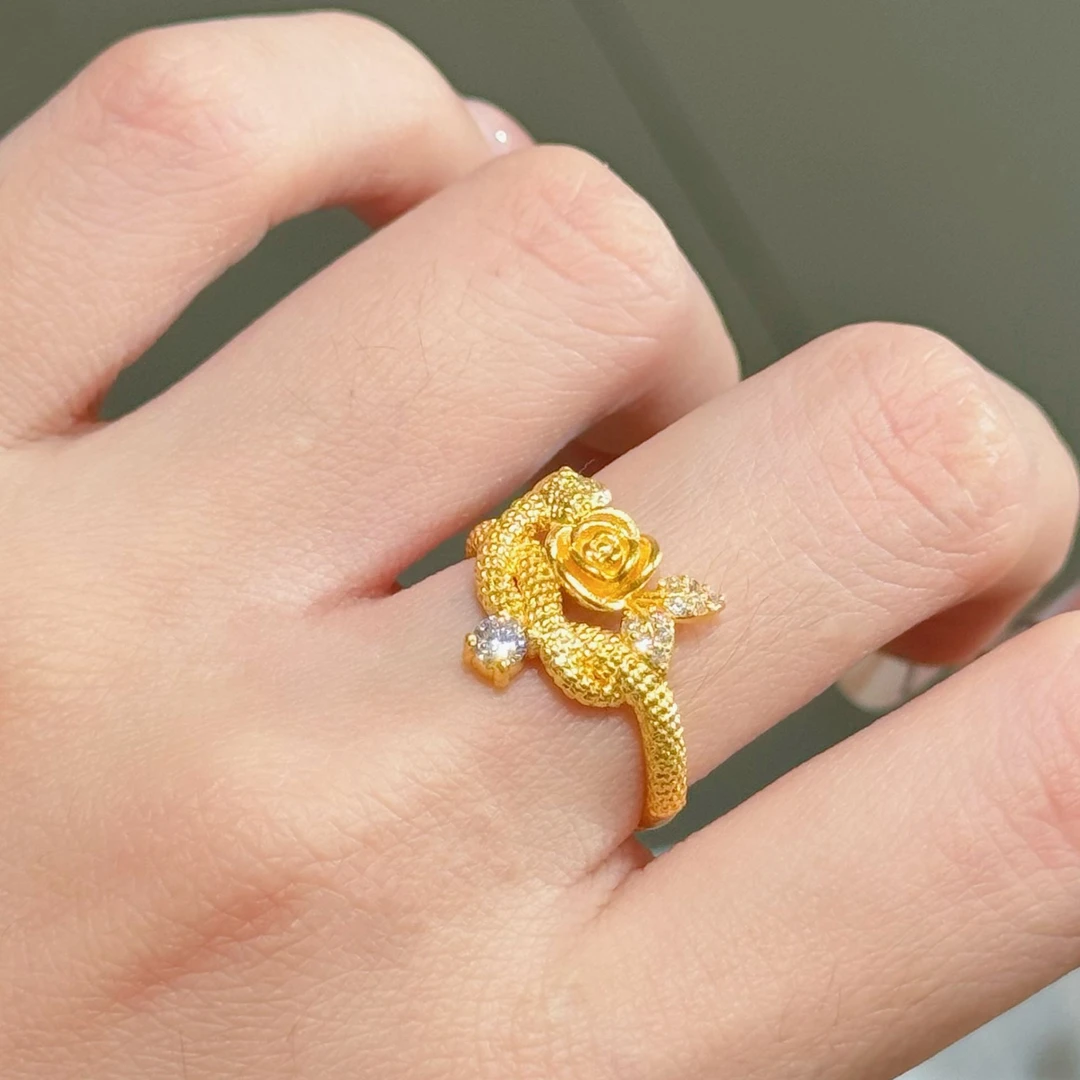 足金活口戒指灵蛇与玫瑰轻奢唯美复古微镶戒指实心绝美高颜值指环