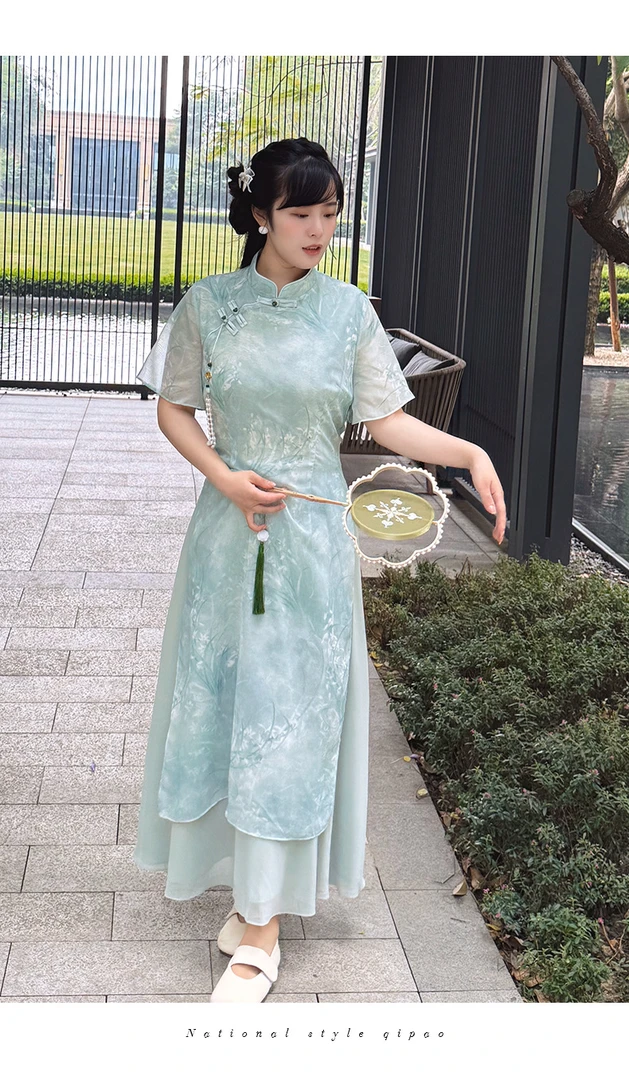 夏季新款2025假两件新中式旗袍裙清新雅致大码连衣裙