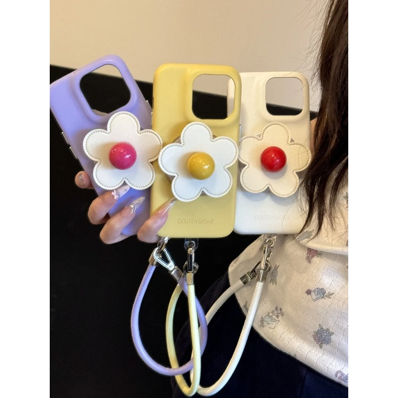 创意ins撞色花朵支架挂绳适用iphone16proma手机壳苹果15pm新款14