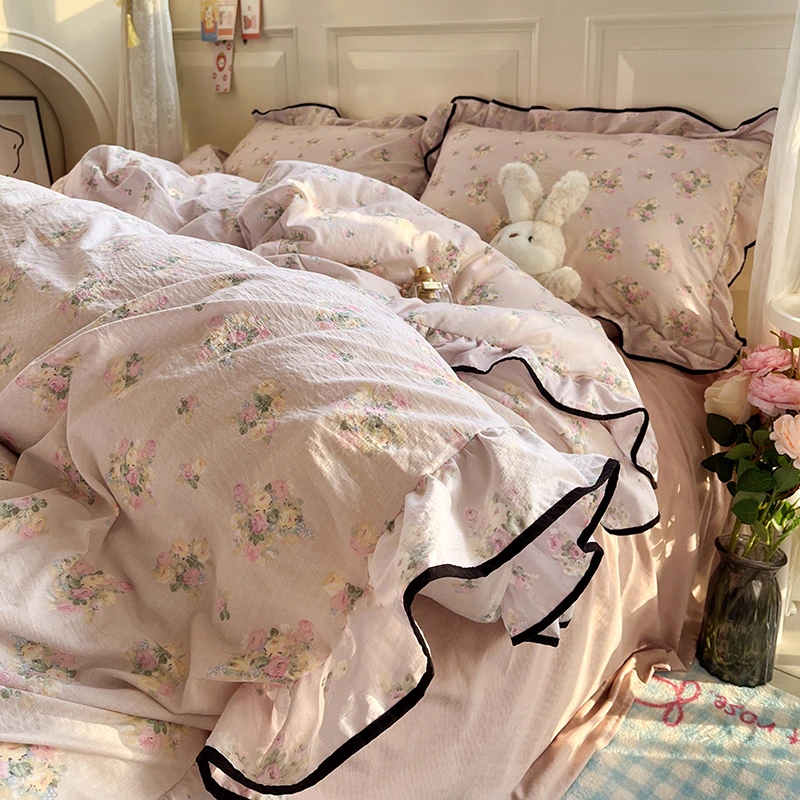 公主风水洗棉床上四件套花边款非全棉纯棉被套床单学生宿舍三件套