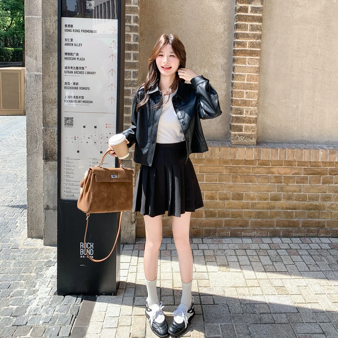 港风复古翻领皮衣外套女2025春秋新款高级感气质减龄显瘦夹克上衣