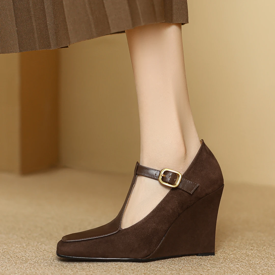 小个子手工女鞋9.3cm~春季新款真皮方头坡跟高跟单鞋时尚扣带棕色