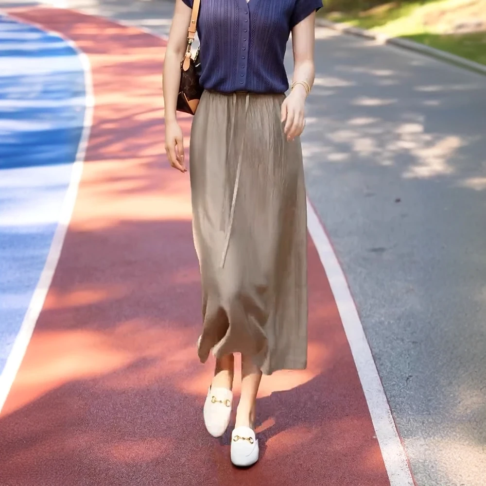 拉夏贝尔a字半身裙女2025夏季新款高腰垂感休闲中长款薄直筒裙子