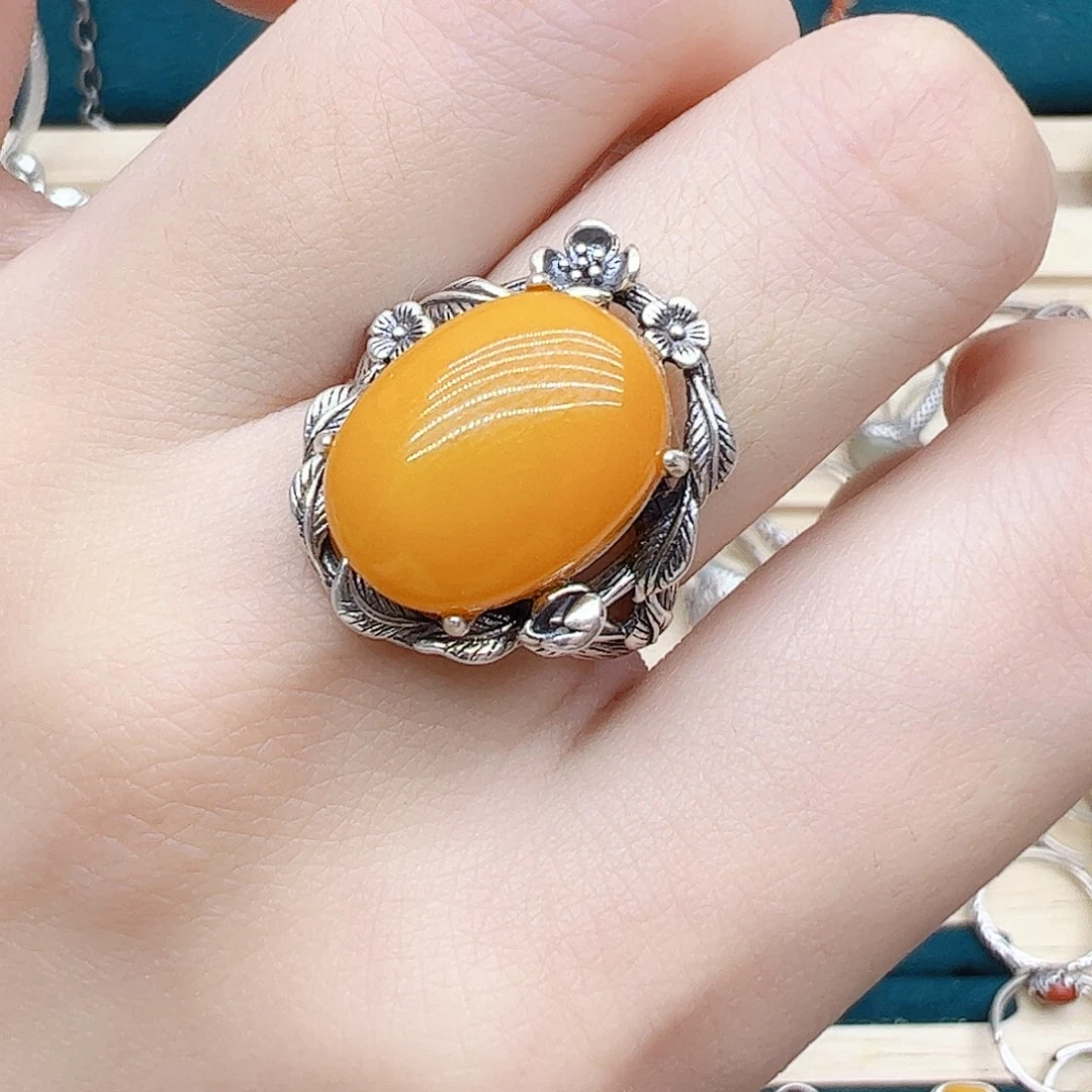 蜜蜡戒指银S925镶嵌天然