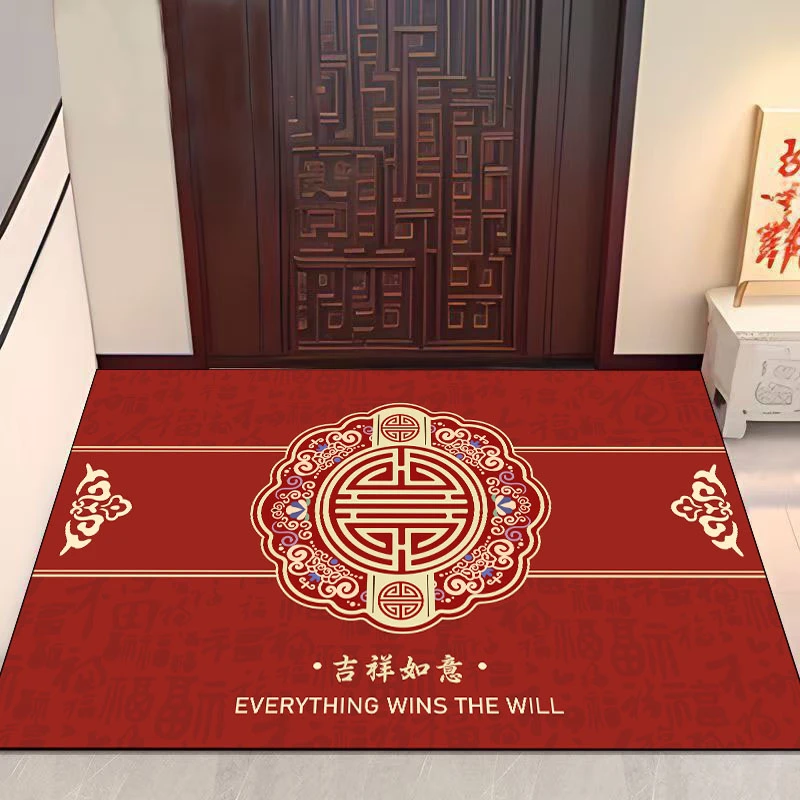 吉祥如意70*100cm水晶绒材质新年款红色喜庆入户门垫 可剪裁