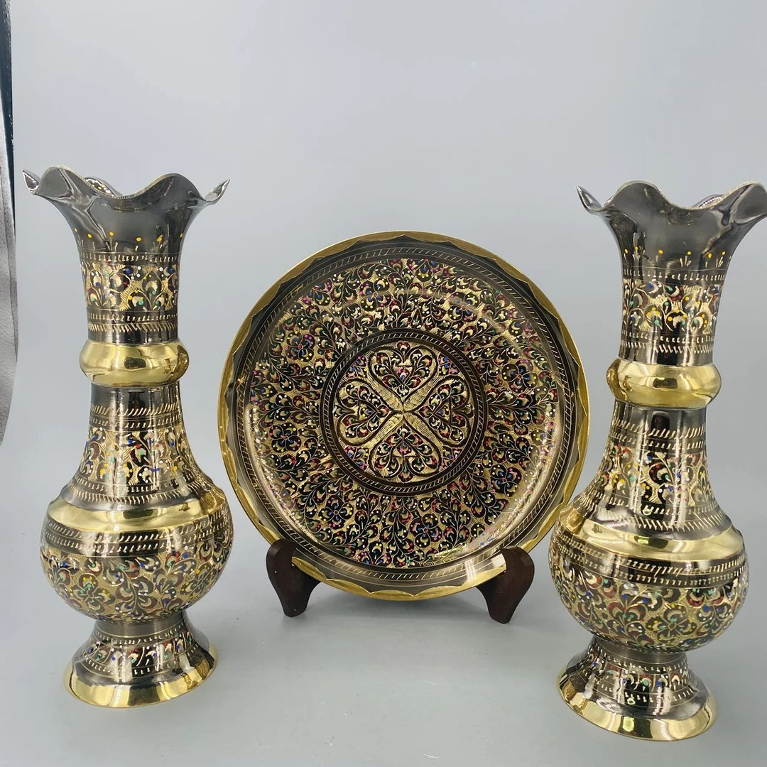 纯手工珐琅彩27㎝精美大肚子花瓶和25㎝盘子组合居家摆件工艺品套装