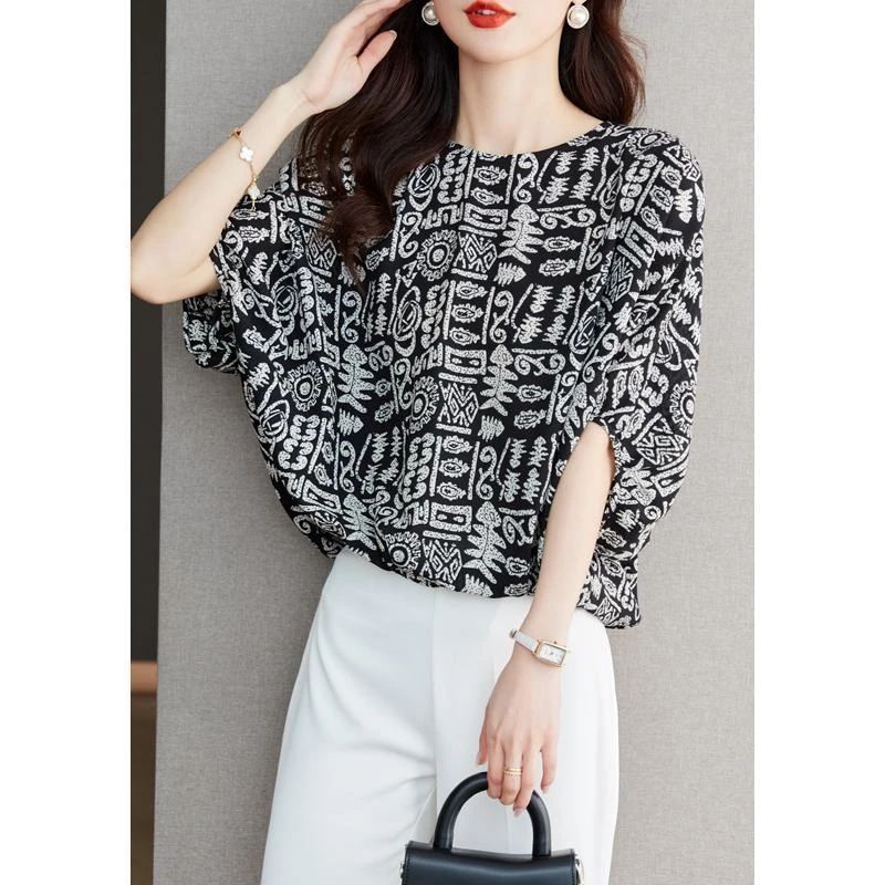 9397减龄设计感女士雪纺衫女夏季新款时尚宽松洋气印花蝙蝠袖小衫
