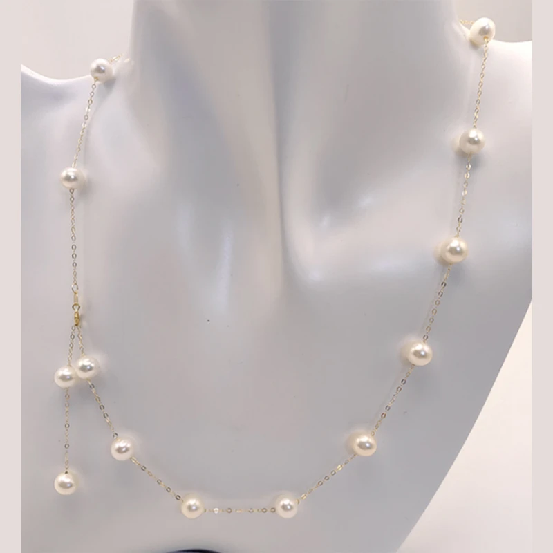 【士玲推荐】18K金/淡水无核珍珠/白色满天星项链/7-8mm