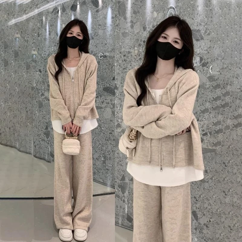 时尚假两件连帽运动衫宽松显瘦阔腿裤两件套女秋季套装2025新款