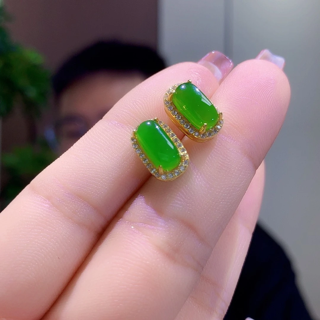 和田玉（碧玉）银S925镀金镶嵌耳饰