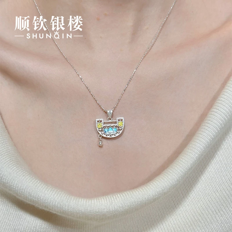 顺钦银楼 吊坠足银珐琅 【莲溪吊坠】990莲花设计感镂空百搭单吊坠