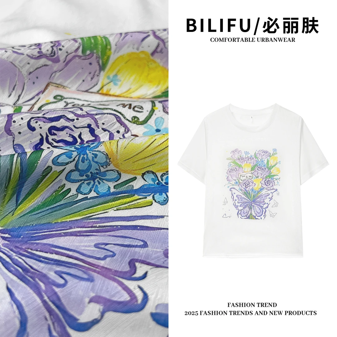 BILIFU/必丽肤 紫色手绘花印花AB面T恤春夏百搭桑蚕丝圆领上衣039