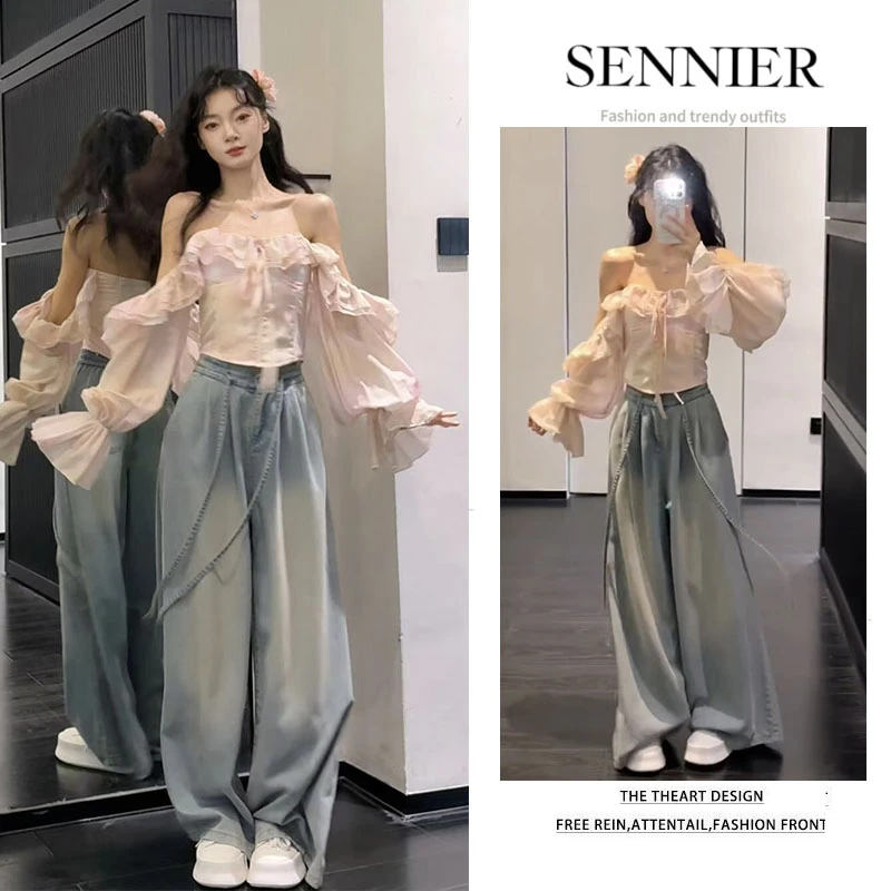 早秋温柔穿搭女2025新款时尚洋气荷叶边抹胸长袖百搭牛仔裤两件套