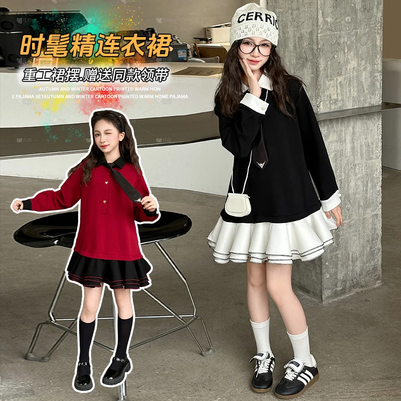 女童连衣裙春秋款2025新款洋气春款超时尚女孩红色学院风裙子潮款