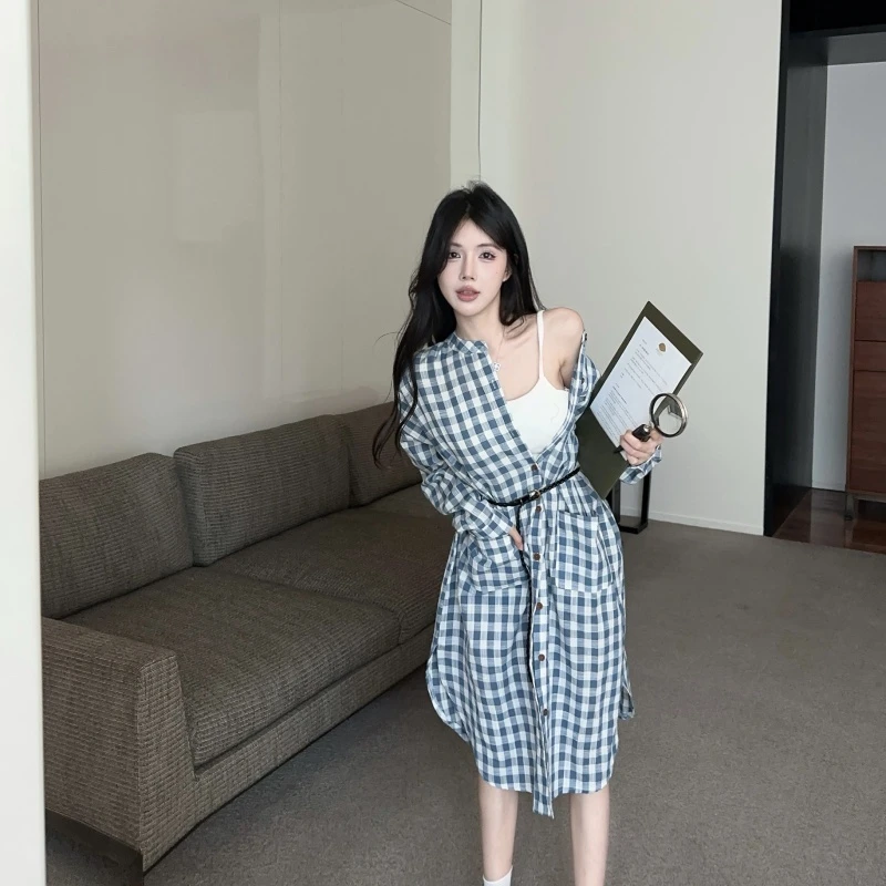 时尚复古气质撞色格子衬衫连衣裙慵懒松驰感宽松圆领单排扣长裙女