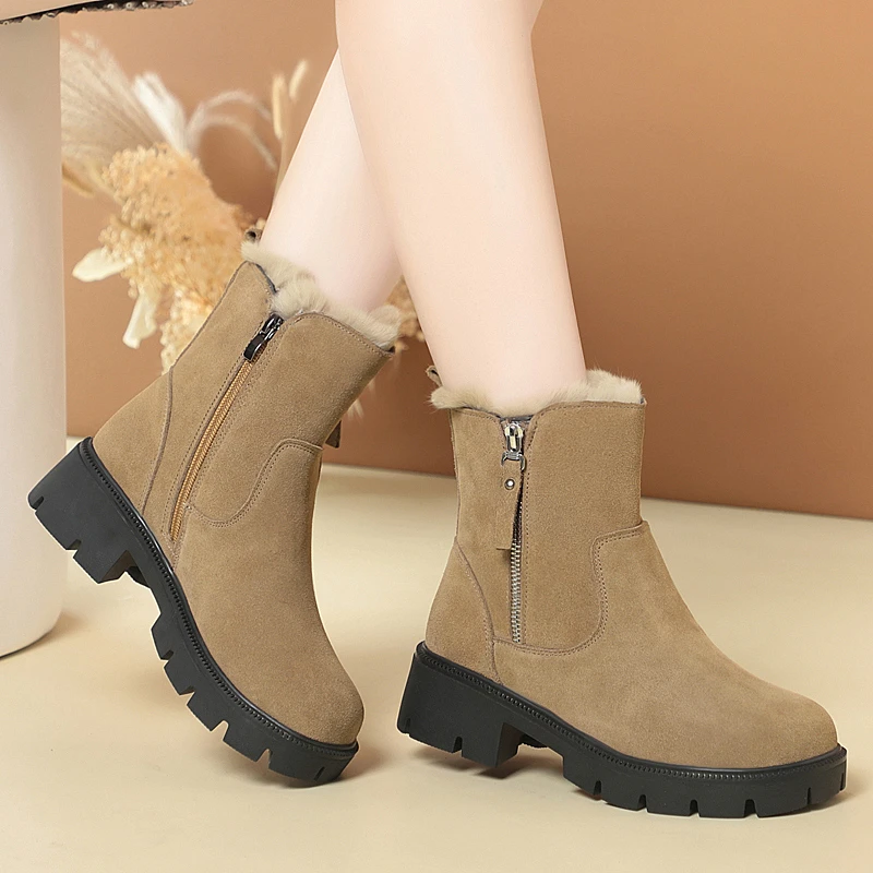 真皮毛一体雪地靴女2025冬季保暖短靴子大棉鞋厚底加绒加厚马丁靴