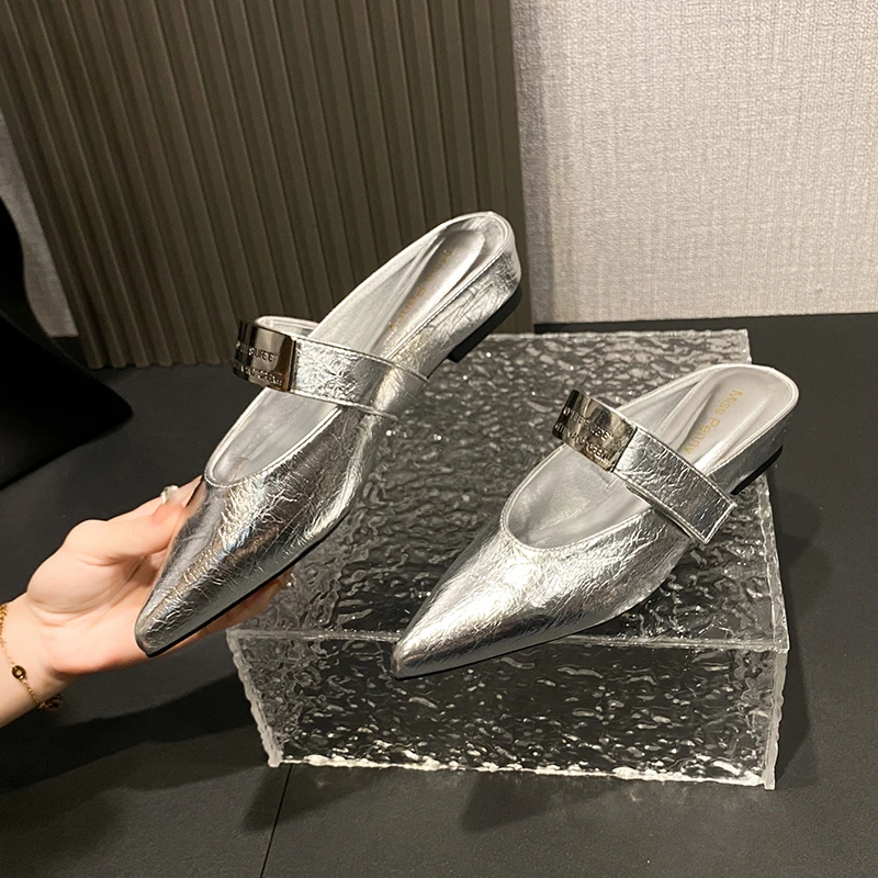 内增高包头半拖鞋外穿女鞋子2025年夏季新款浅口尖头银色单鞋