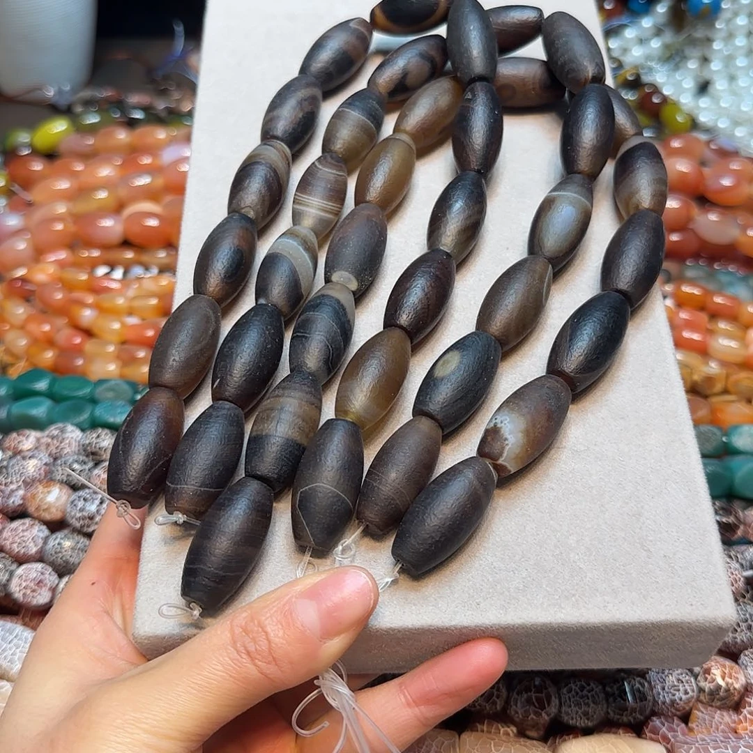 玛瑙/玉髓合金珠宝半成品黑咖玛瑙大孔天珠一条