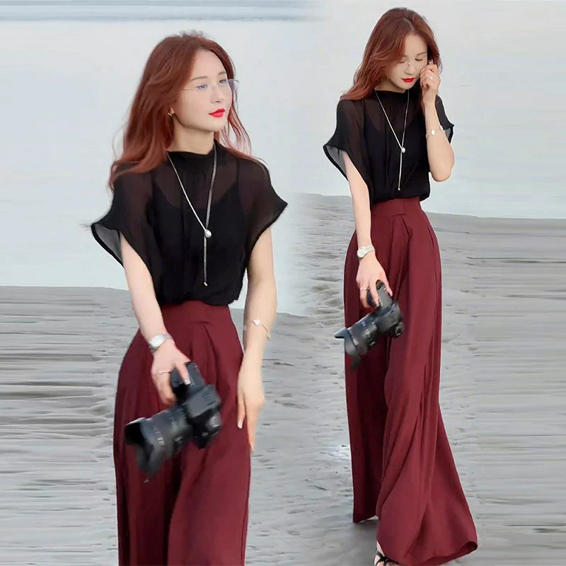 轻熟风高级感轻奢套装女士2025夏季新款气质雪纺上衣阔腿裤两件套