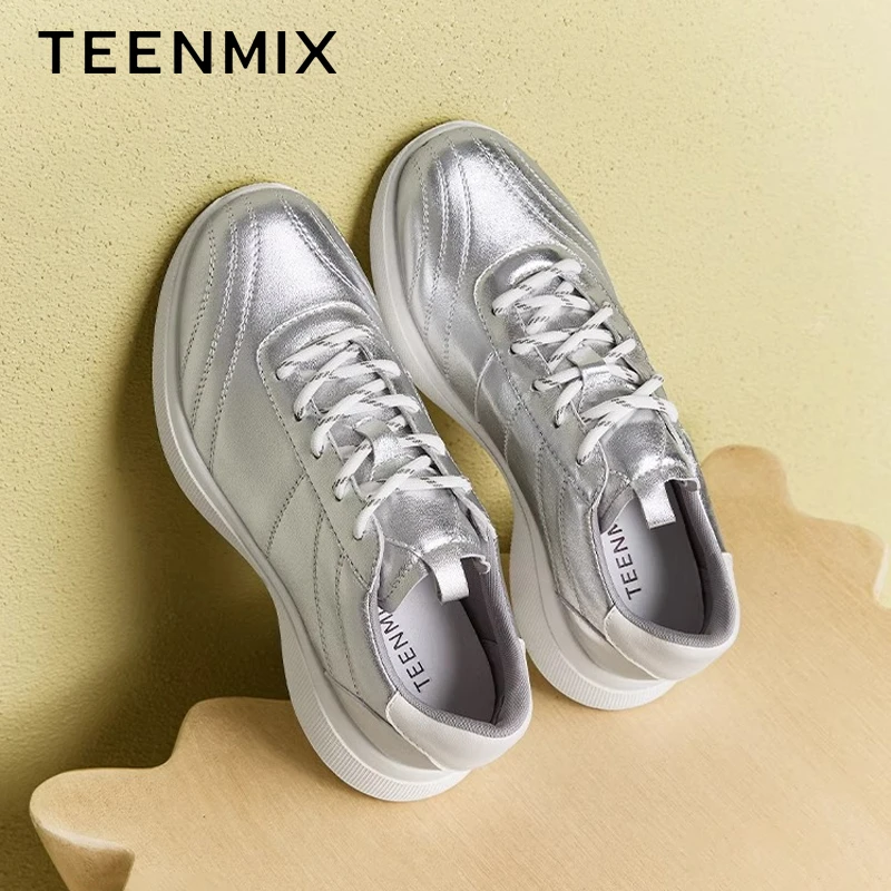 天美意2025春新款欧若动感风女休闲运动鞋银色老爹鞋单鞋BK481AM5