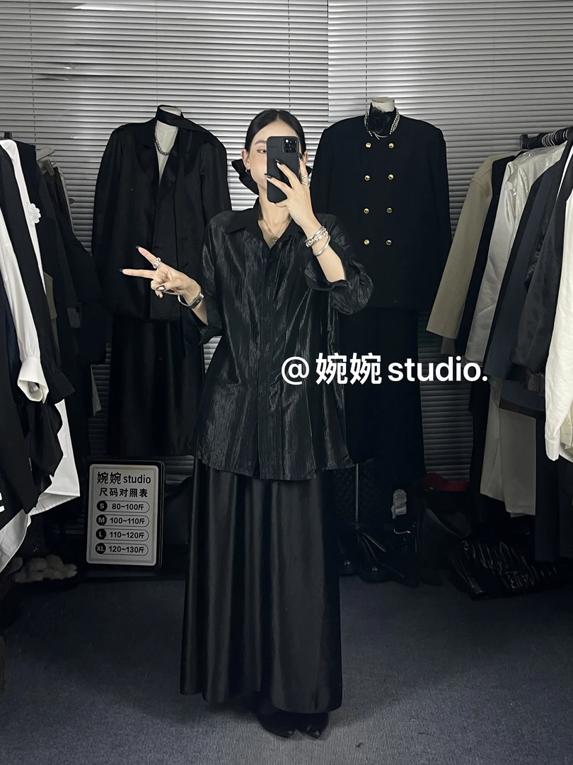 【婉婉studio】液态琉璃纱衬衫设计亮面纯色潮流感春夏季长袖衬衣
