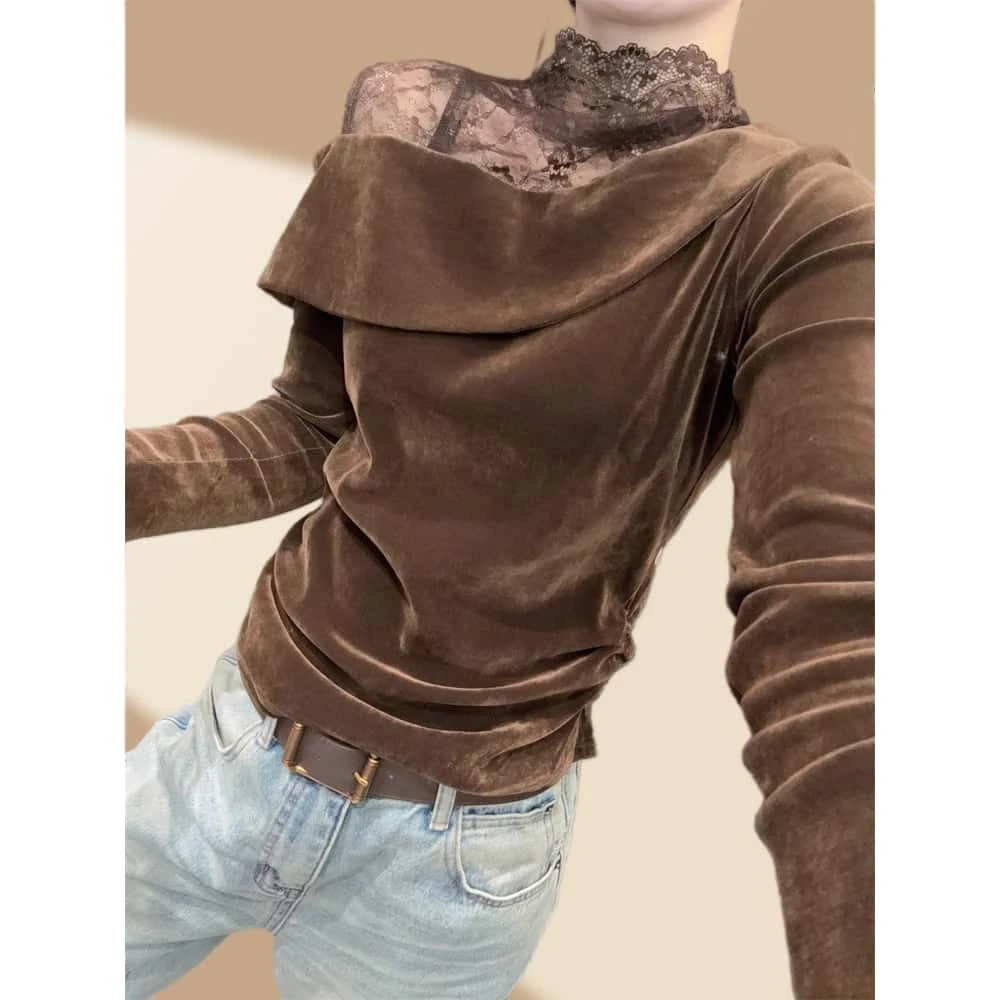 蕾丝拼接丝绒咖色长袖衬衫秋冬2026新款大码女装胖mm小衫T恤上衣