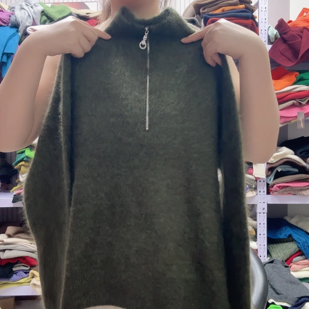 半拉链拉绒绿色山羊绒