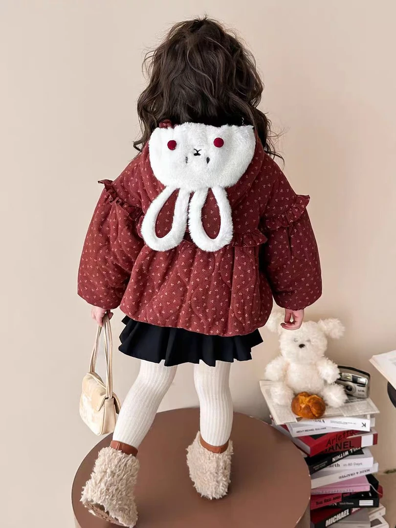 女童加绒棉服外套秋冬新款韩版宝宝加厚棉衣洋气碎花兔子棉衣