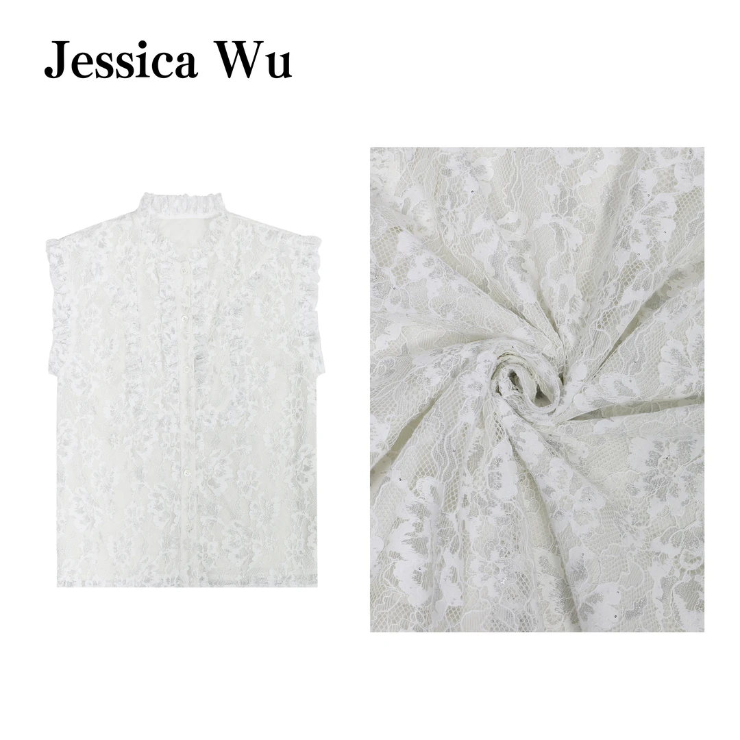 JESSICA WU精致法式~柔和淡雅立领宫廷风蕾丝花边小飞袖衬衫