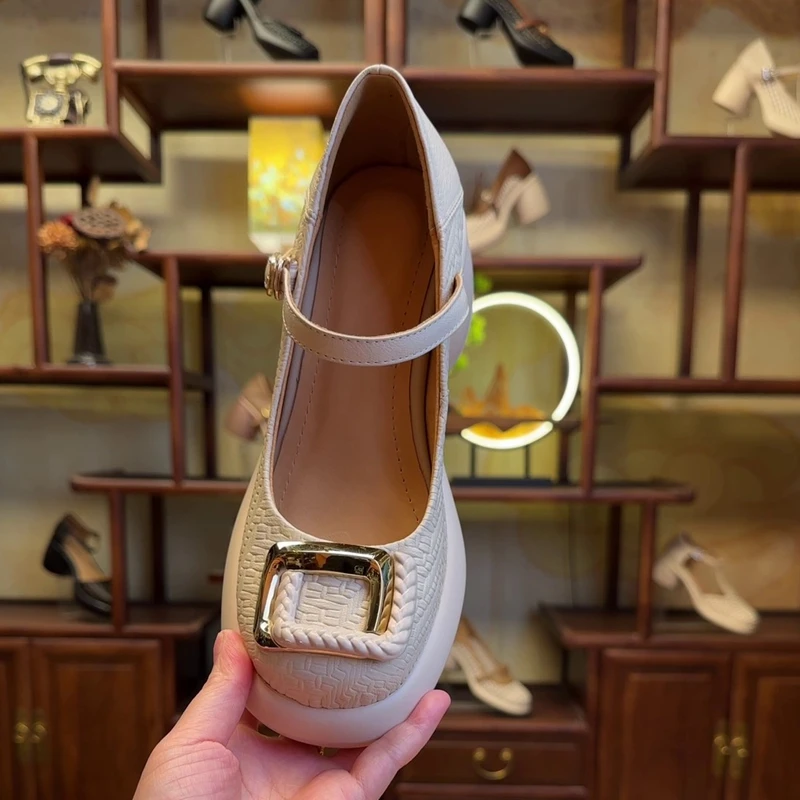 羊皮7厘米 34-40 透气防滑高跟单鞋圆头浅口粗跟乐福鞋真皮百搭