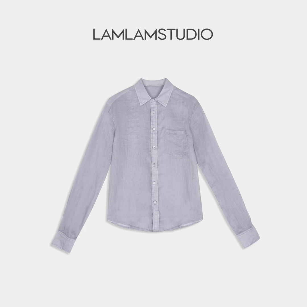“薰衣草”【100%苎麻】天然定染贝壳扣翻领衬衫 张一琳 L255568T
