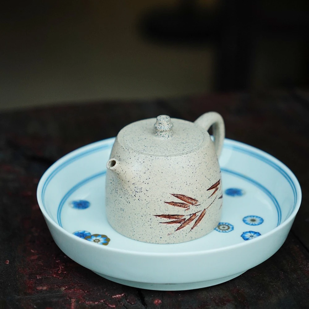 竹影小汉铎原矿芝麻白段泥陶瓷泡茶壶壶托功夫茶具复古宜兴紫砂壶